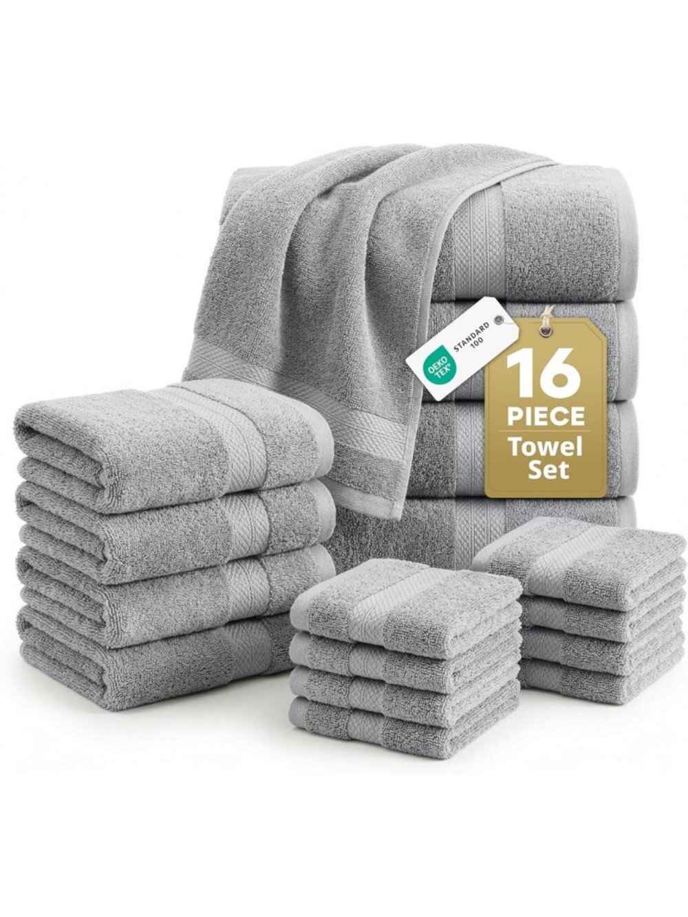 Soft & Absorbent 100% Cotton Bath Towel Set - Quick Dry, 16 Pieces, Grey